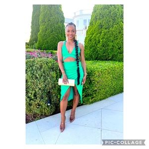 ASOS DESIGN strappy wrap midi dress with pleat detail skirt in green.